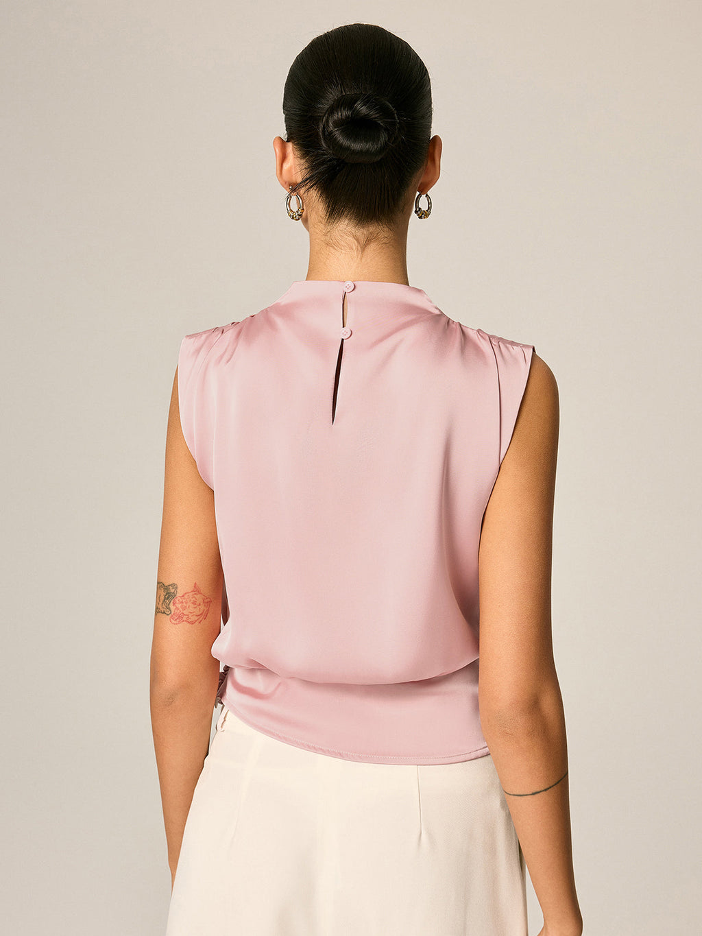 Draped Satin Tie Waist Sleeveless Blouse