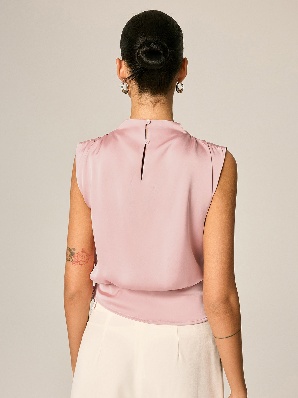 Draped Satin Tie Waist Sleeveless Blouse