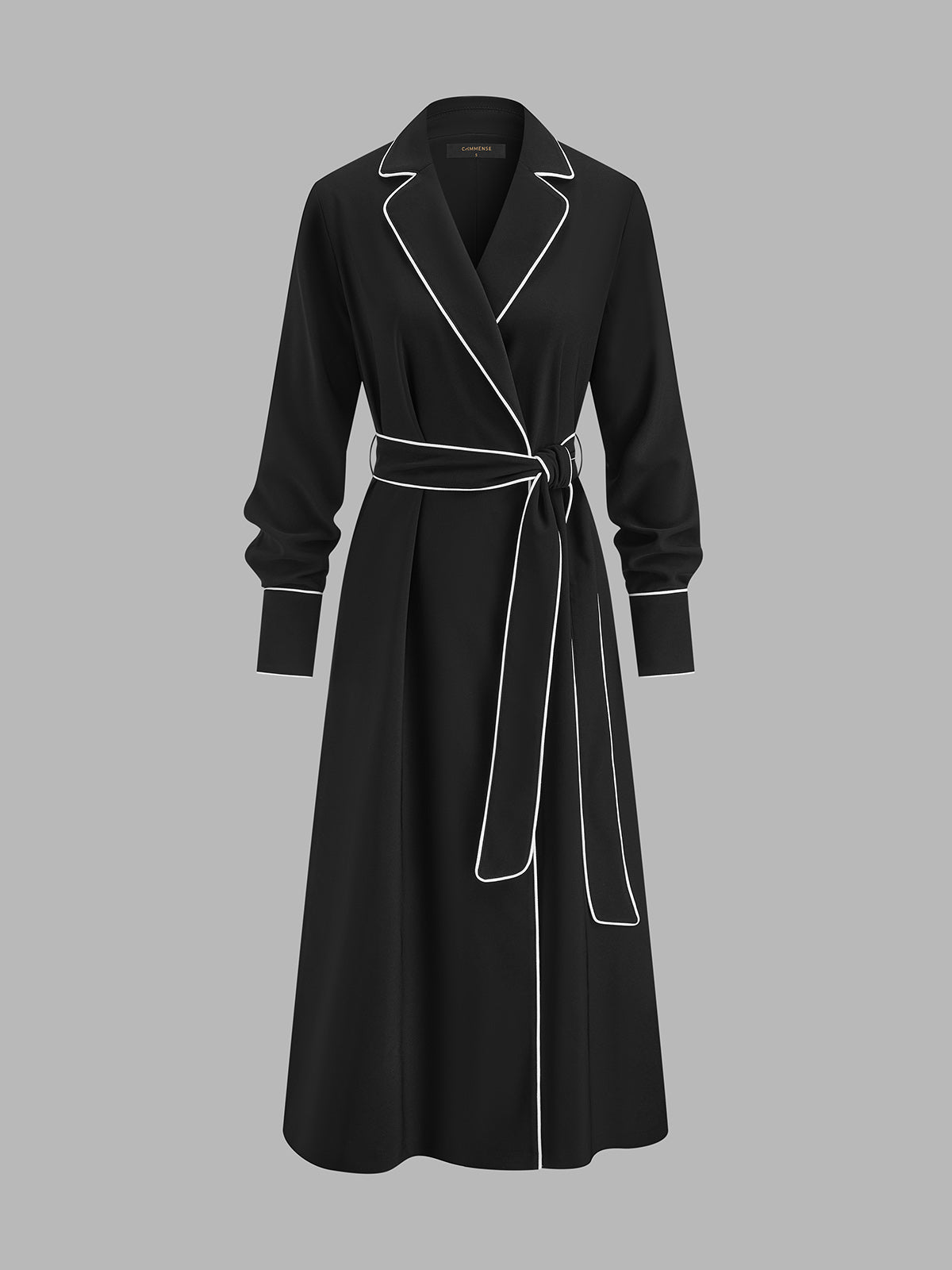 Belted Contrast Piping Lapel Wrap Midi Dress