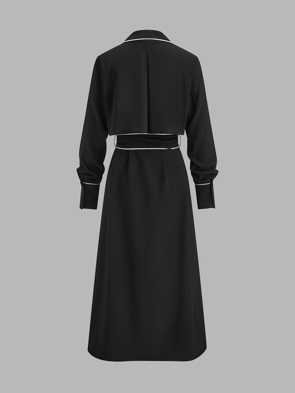 Belted Contrast Piping Lapel Wrap Midi Dress