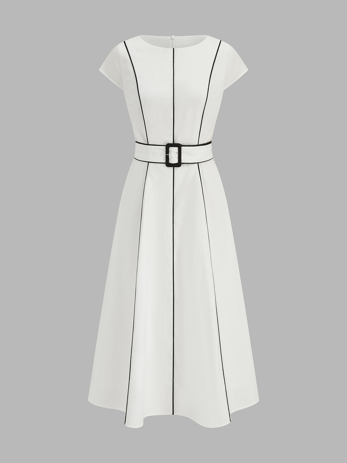 Contrast Piping Belted Cotton Linen Midi Dress