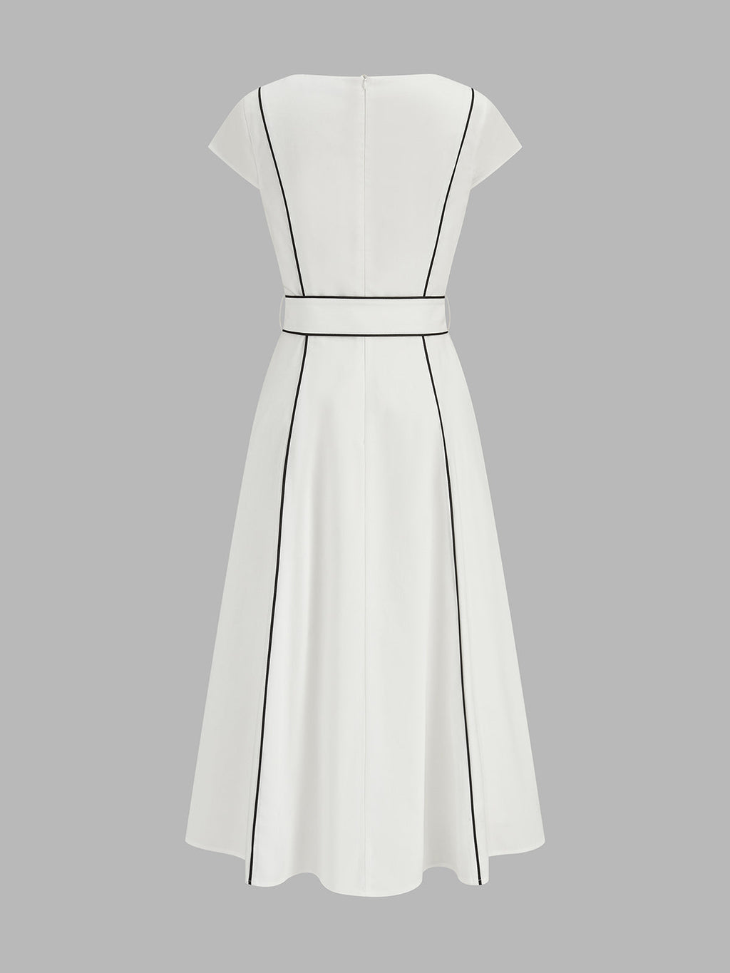 Contrast Piping Belted Cotton Linen Midi Dress