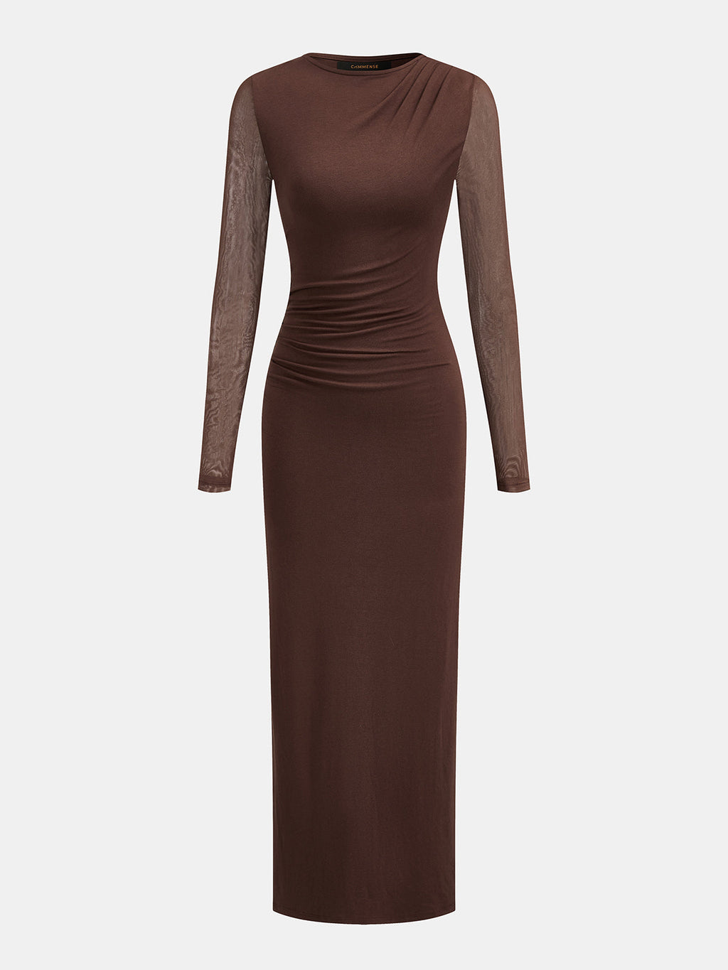 Mesh Long Sleeve Ruched Bodycon Maxi Dress