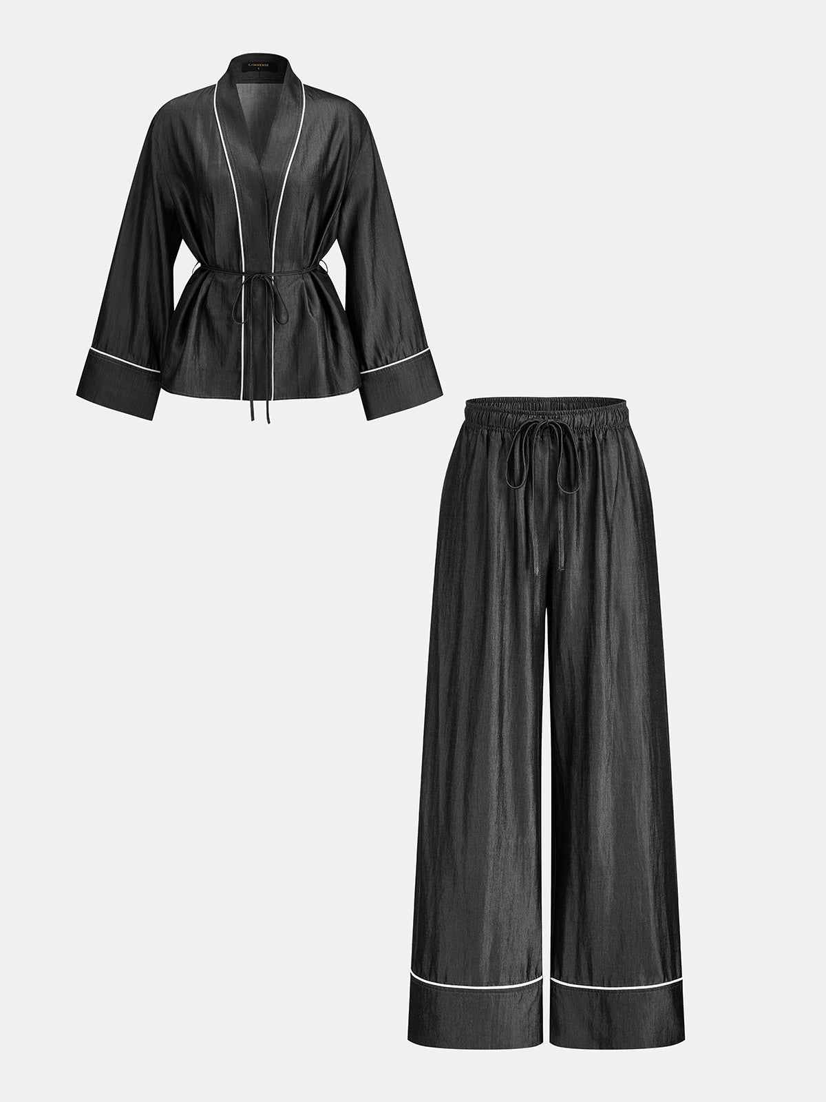Contrast Piping Blouse & Drawstring Pants Set