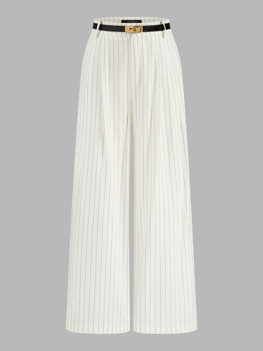 Belted Striped Cotton Linen Wide Leg Pants