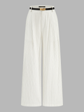 Belted Striped Cotton Linen Wide Leg Pants