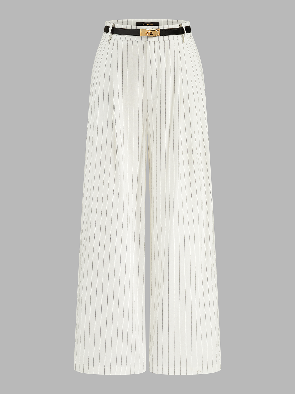 Belted Striped Cotton Linen Wide Leg Pants