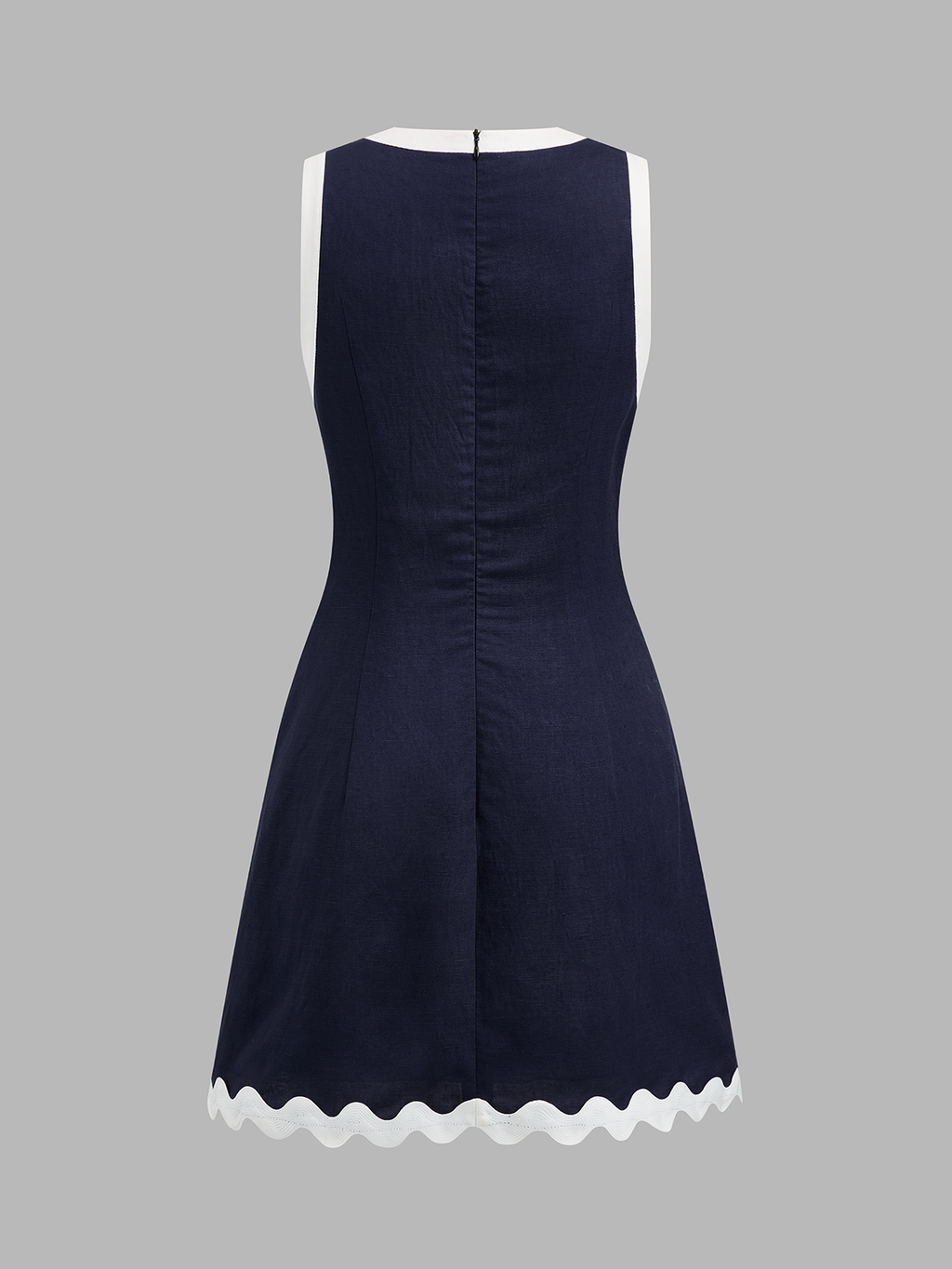 Wavy Trim Sleeveless Linen Blend Mini Dress