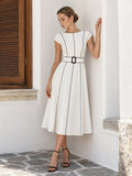 Contrast Piping Belted Cotton Linen Midi Dress
