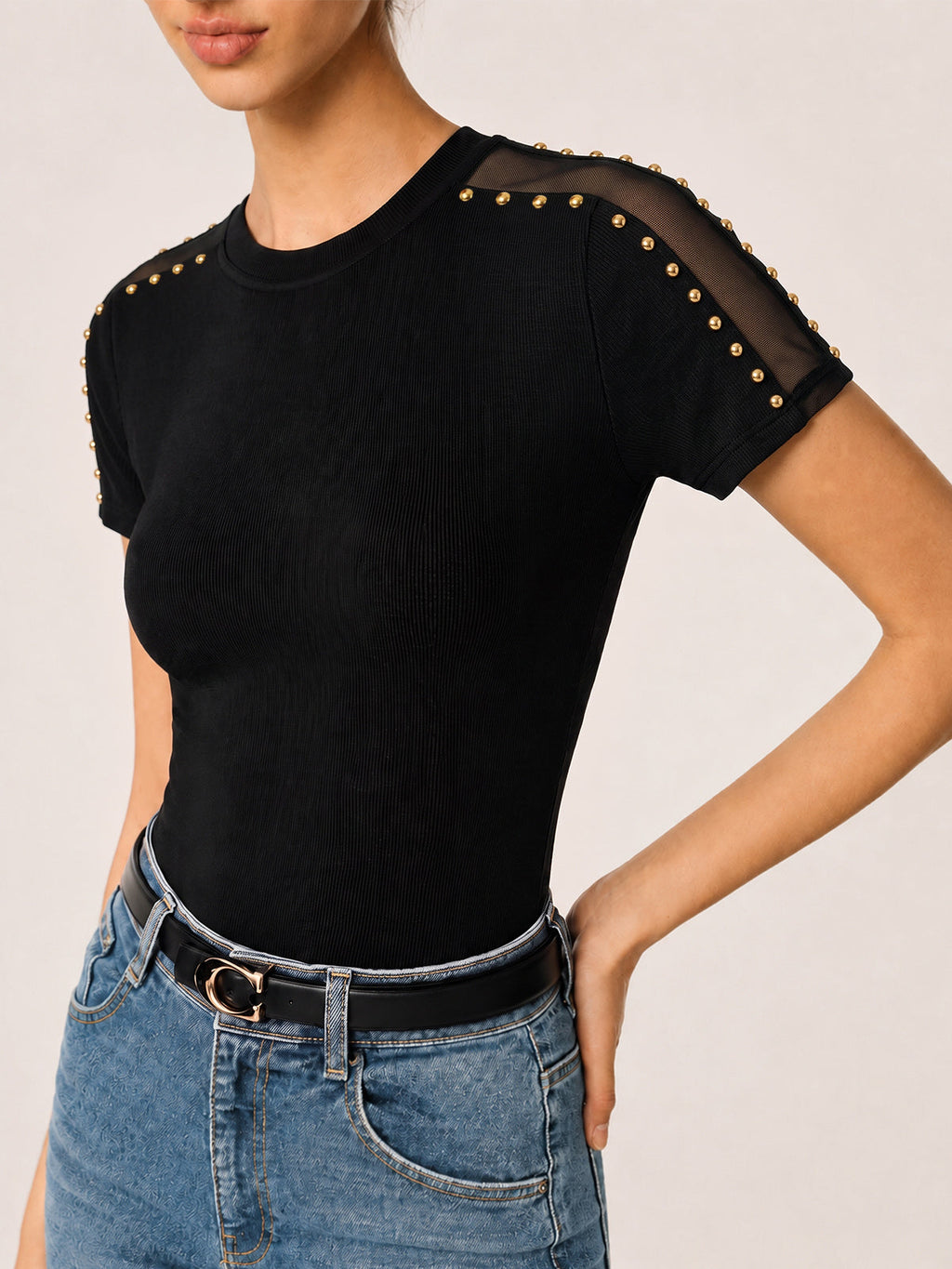 Studded Mesh Ribbed Short Sleeve T-Shirt