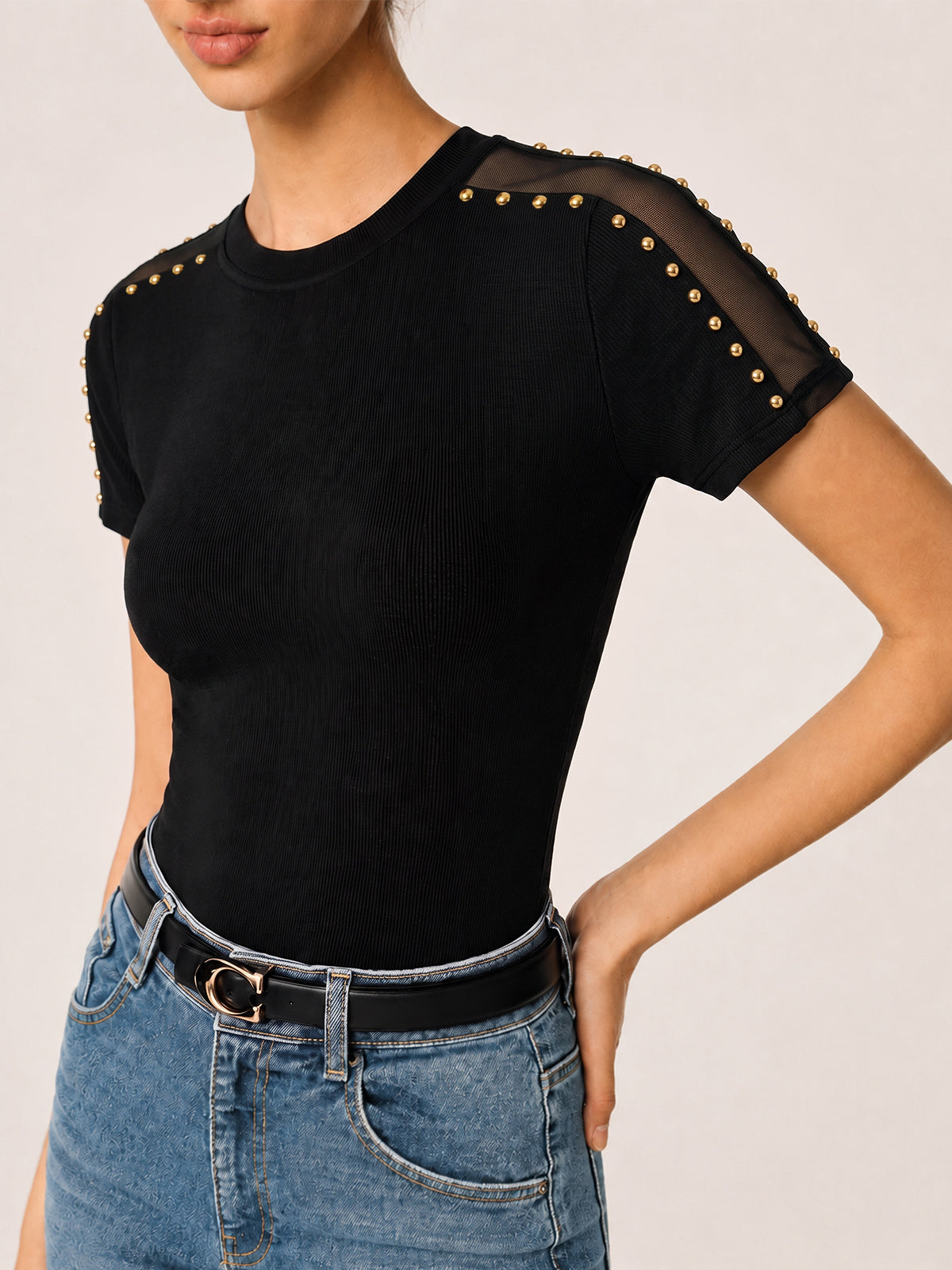 Studded Mesh Ribbed Short Sleeve T-Shirt
