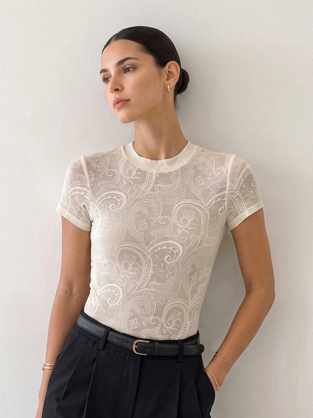 Semi-Sheer Paisley Short Sleeve Top