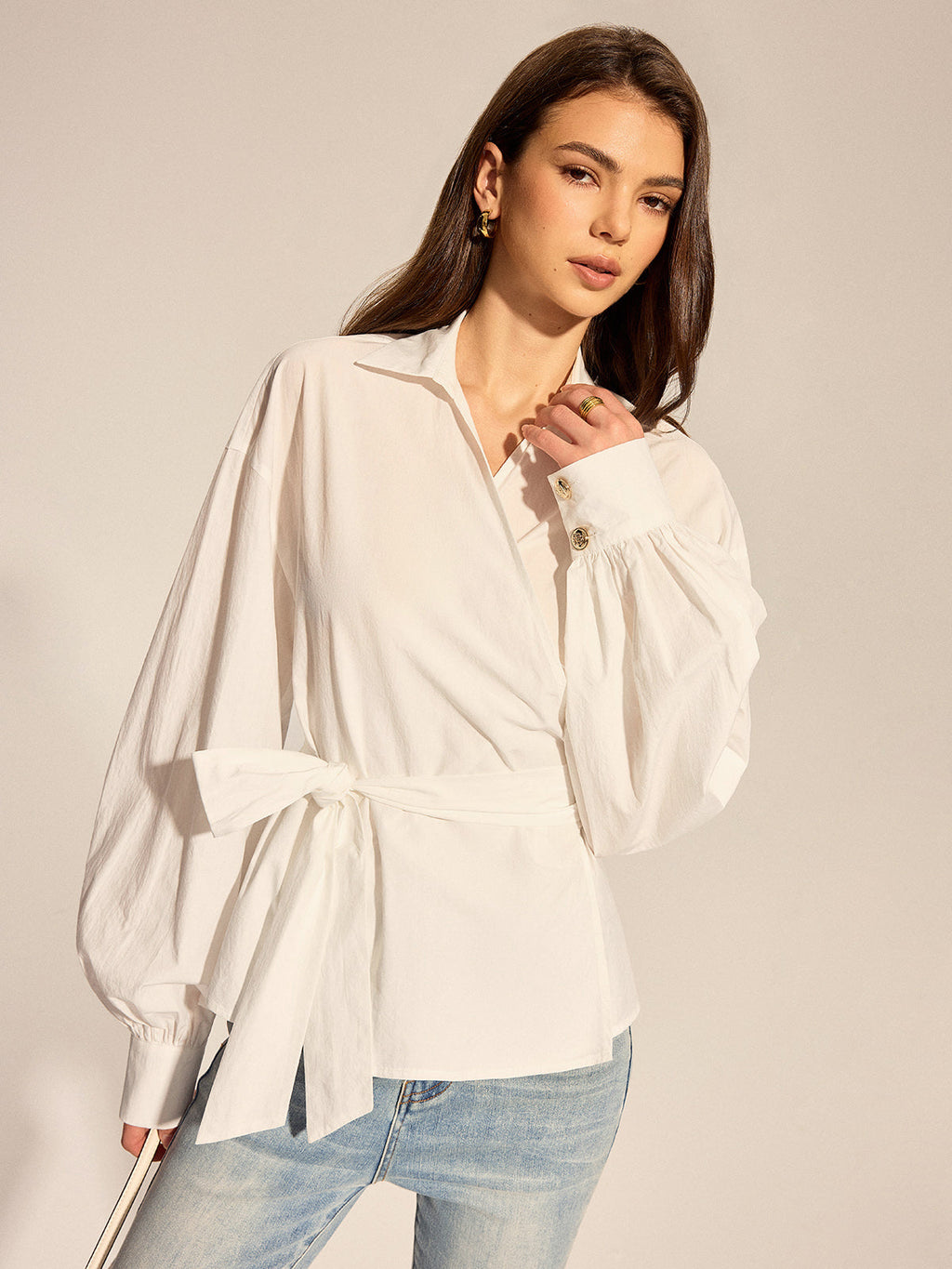 Long Sleeve Wrap Tie Waist Blouse