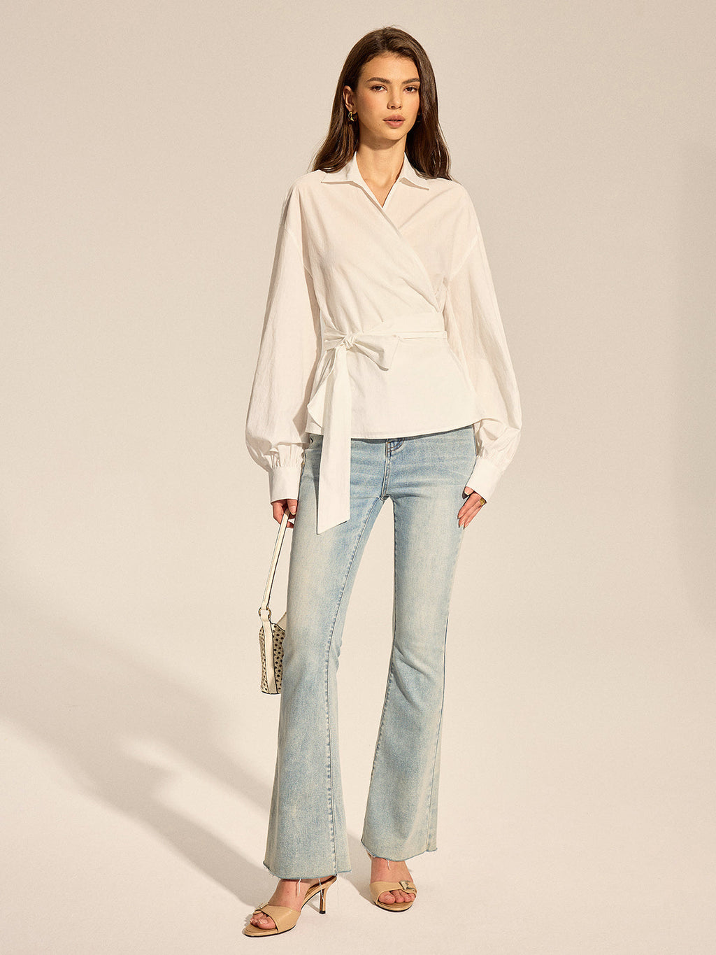 Long Sleeve Wrap Tie Waist Blouse