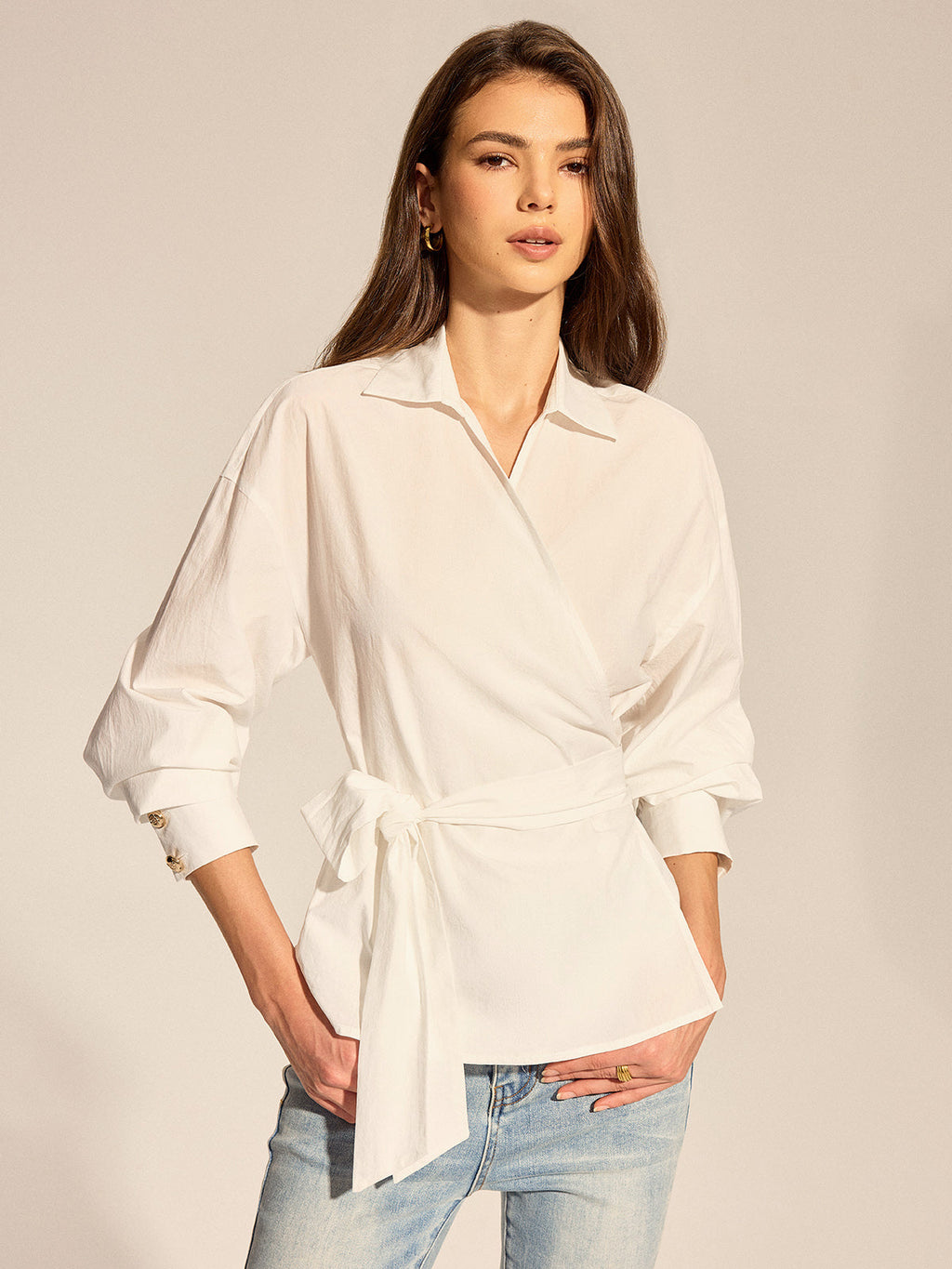 Long Sleeve Wrap Tie Waist Blouse