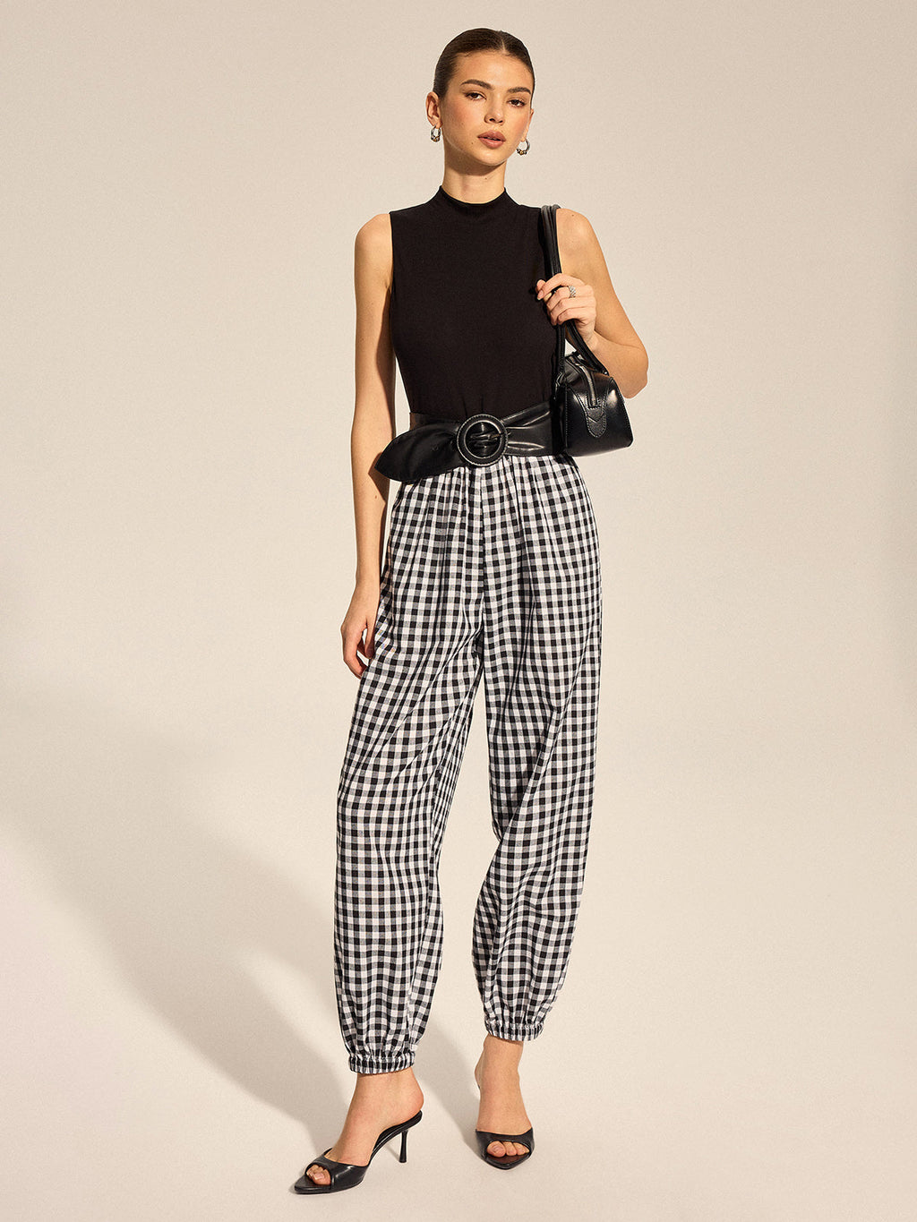 Knit Bodice Gingham Belted Jogger Jumpsuit