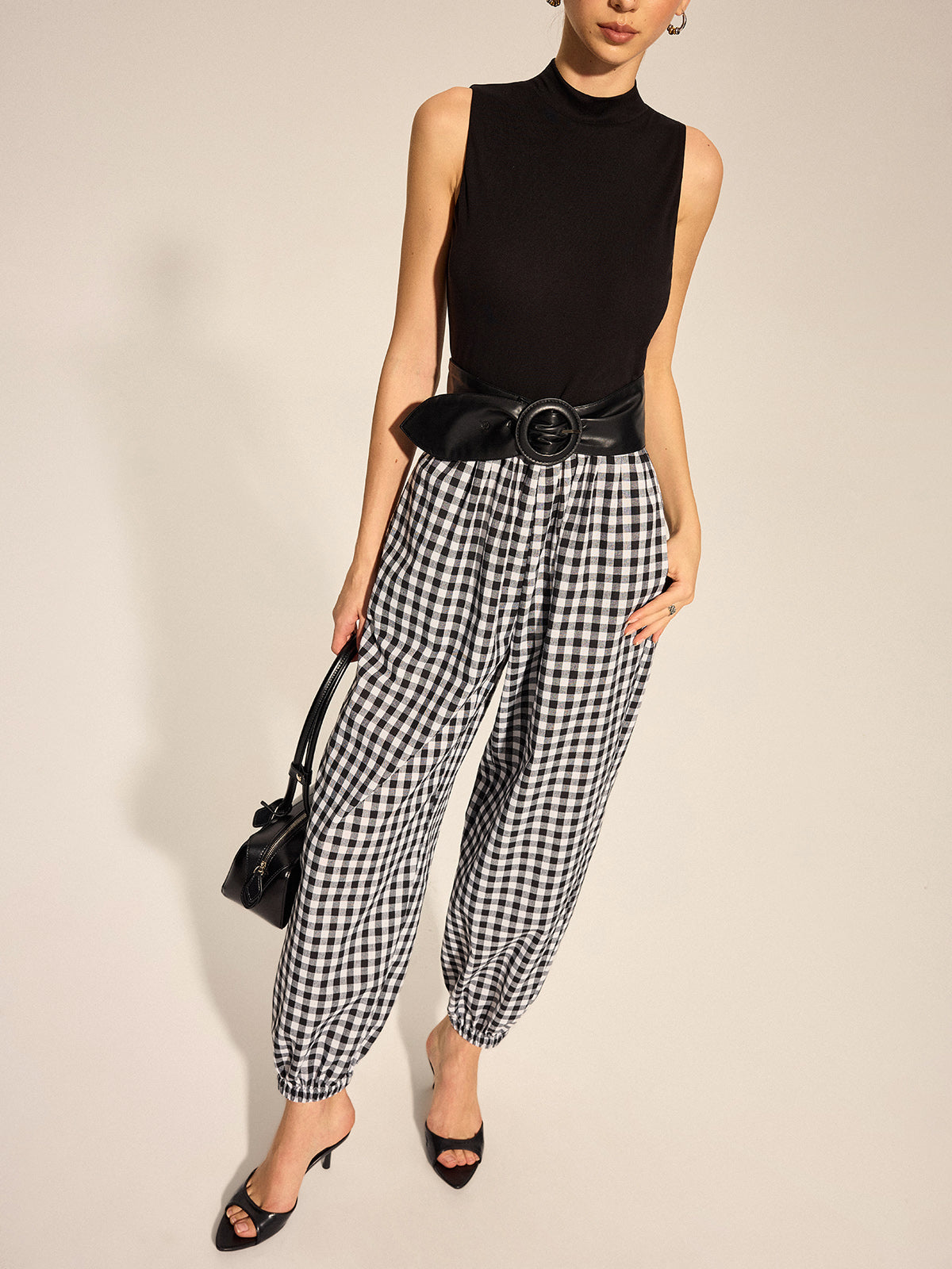 Knit Bodice Gingham Belted Jogger Jumpsuit