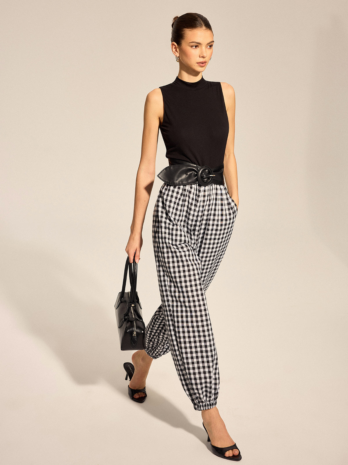 Knit Bodice Gingham Belted Jogger Jumpsuit