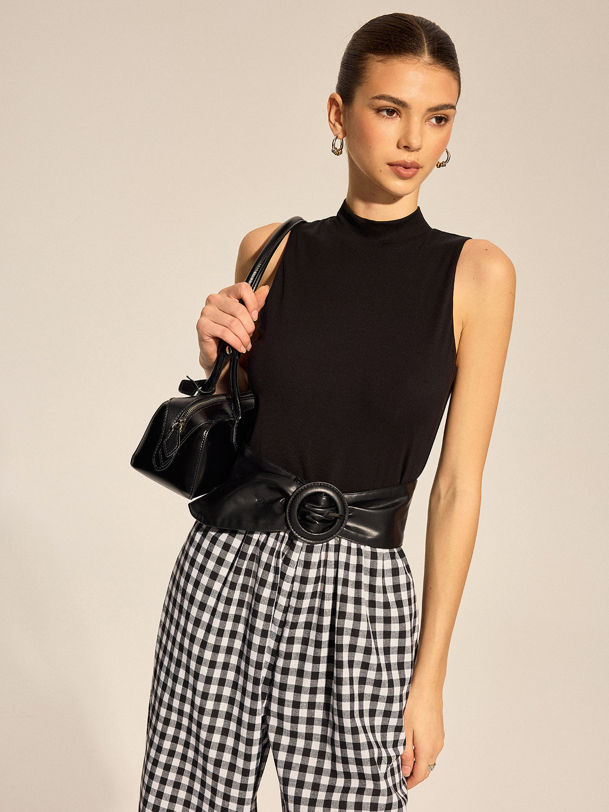 Knit Bodice Gingham Belted Jogger Jumpsuit