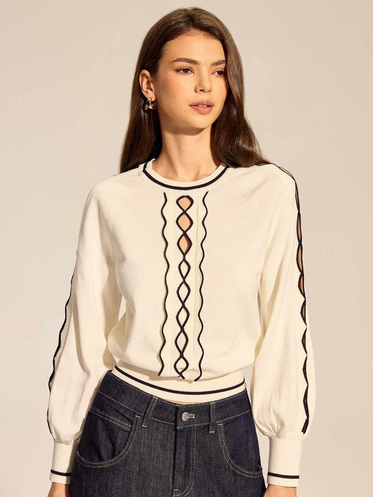 Contrast Trim Hollow Out Raglan Sweater