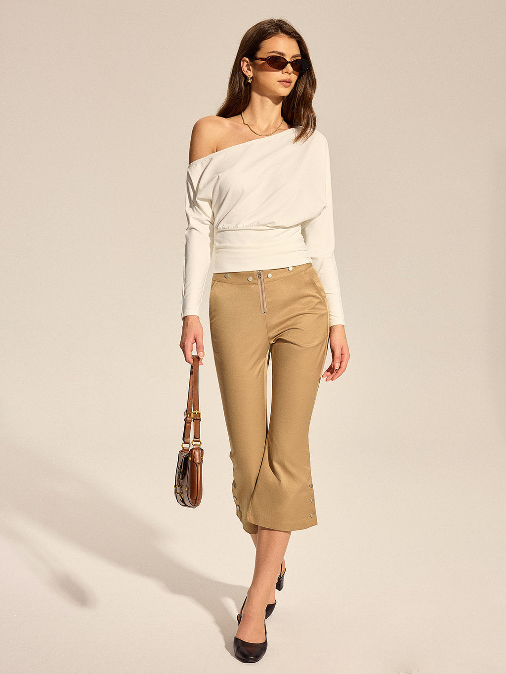 Off Shoulder Ruched Waist Long Sleeve Top