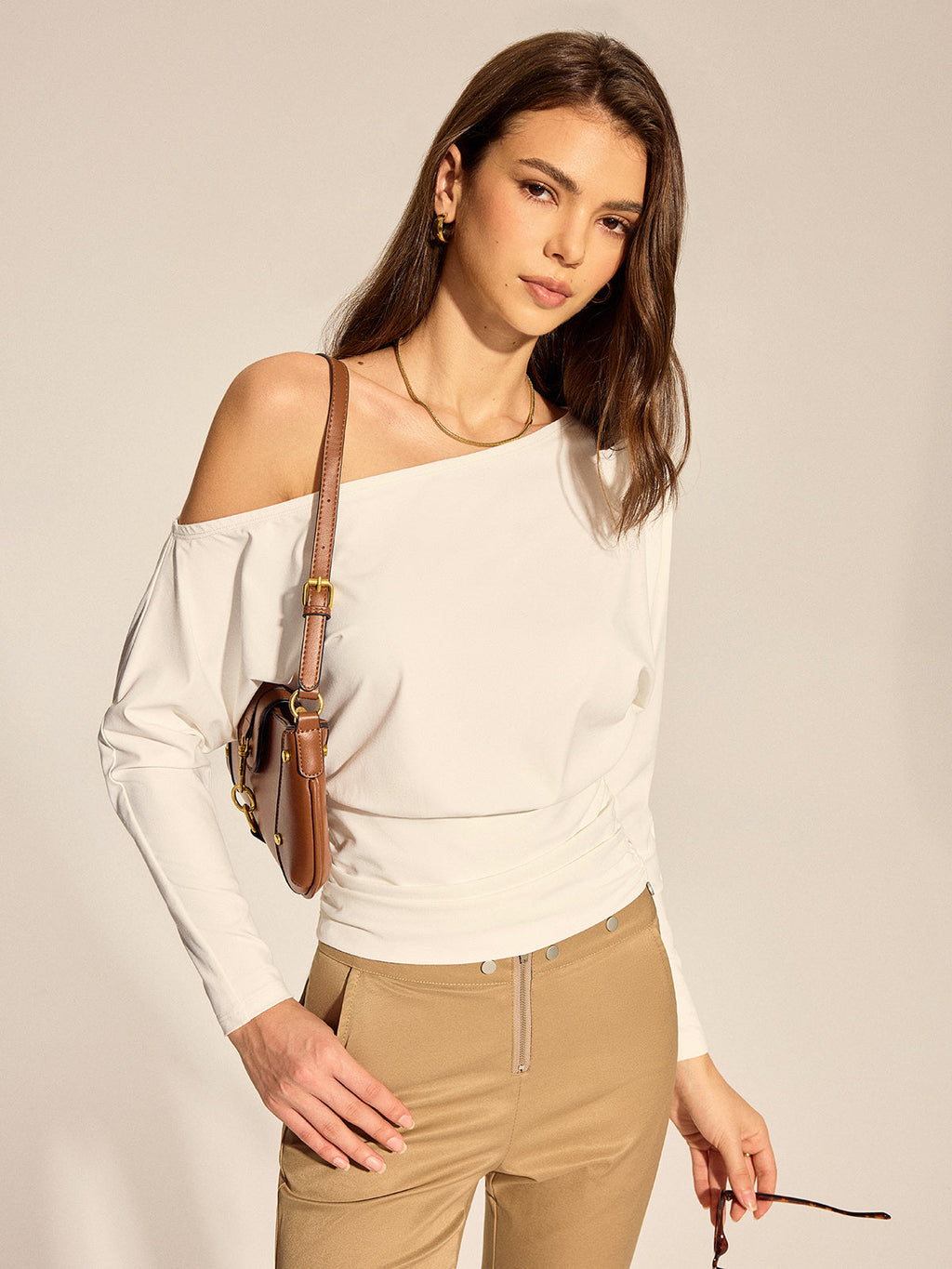 Off Shoulder Ruched Waist Long Sleeve Top