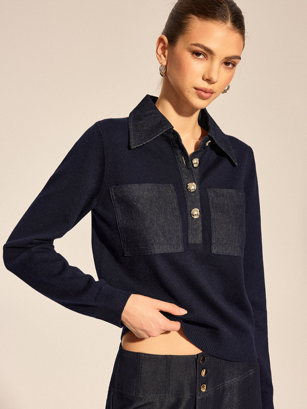 Long Sleeve Denim Patch Collared Knit Top