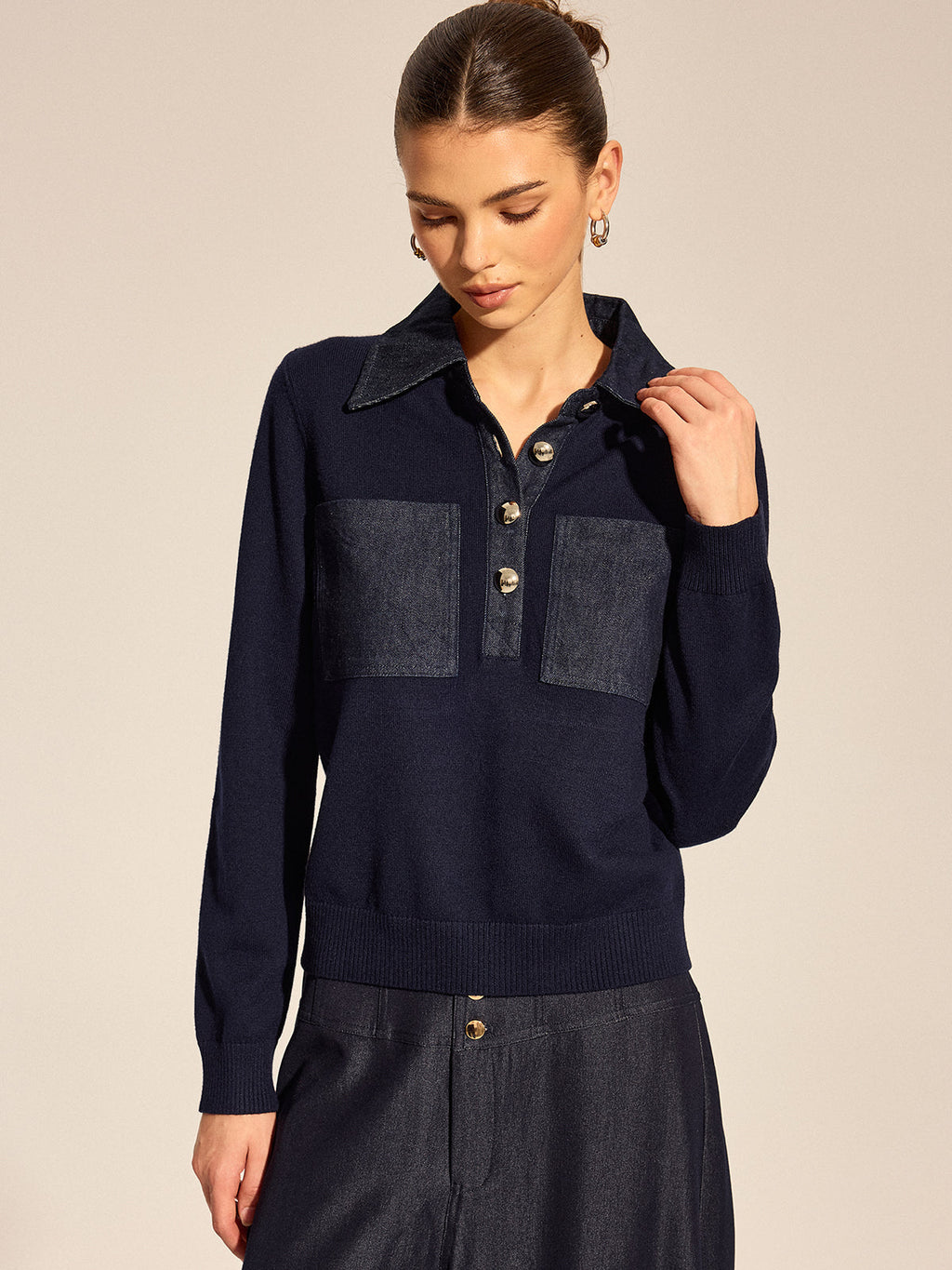 Long Sleeve Denim Patch Collared Knit Top