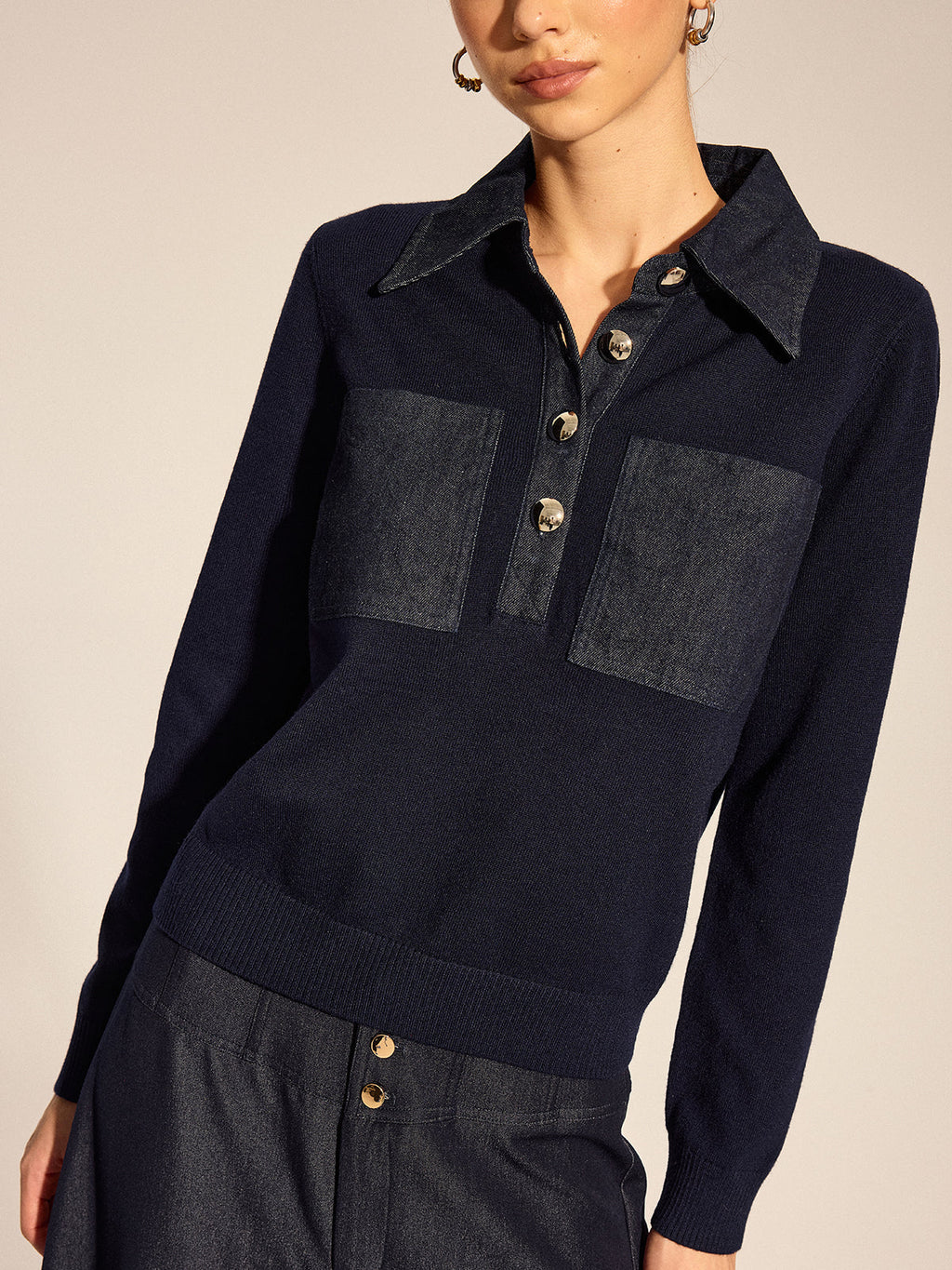 Long Sleeve Denim Patch Collared Knit Top