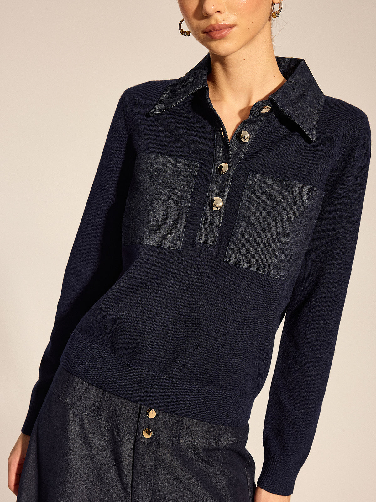 Long Sleeve Denim Patch Collared Knit Top