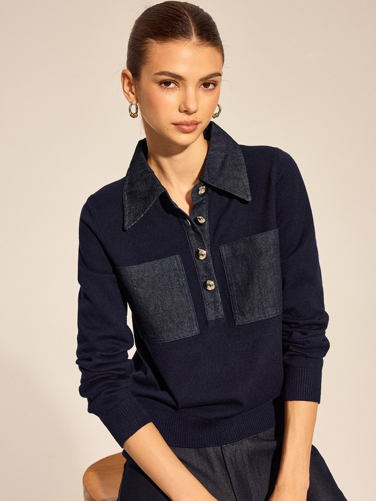 Long Sleeve Denim Patch Collared Knit Top