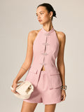 Frog Button Halter Textured Vest & Shorts Set