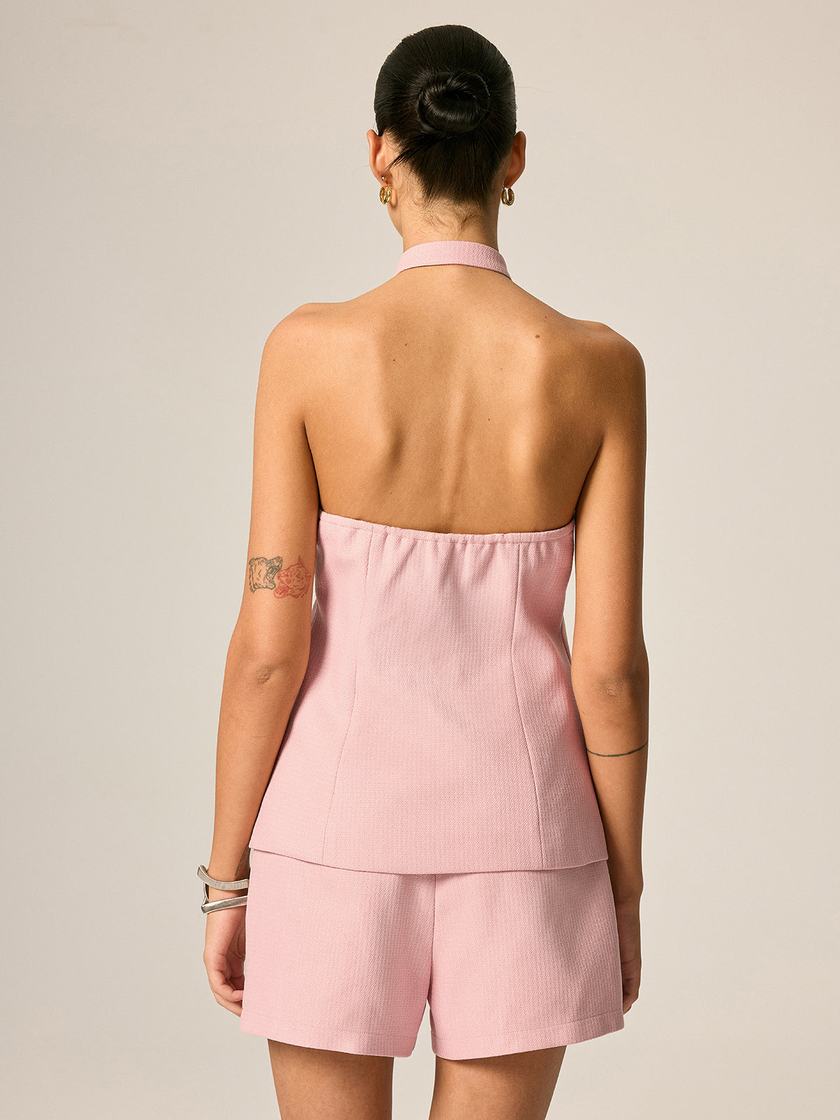 Frog Button Halter Textured Vest & Shorts Set