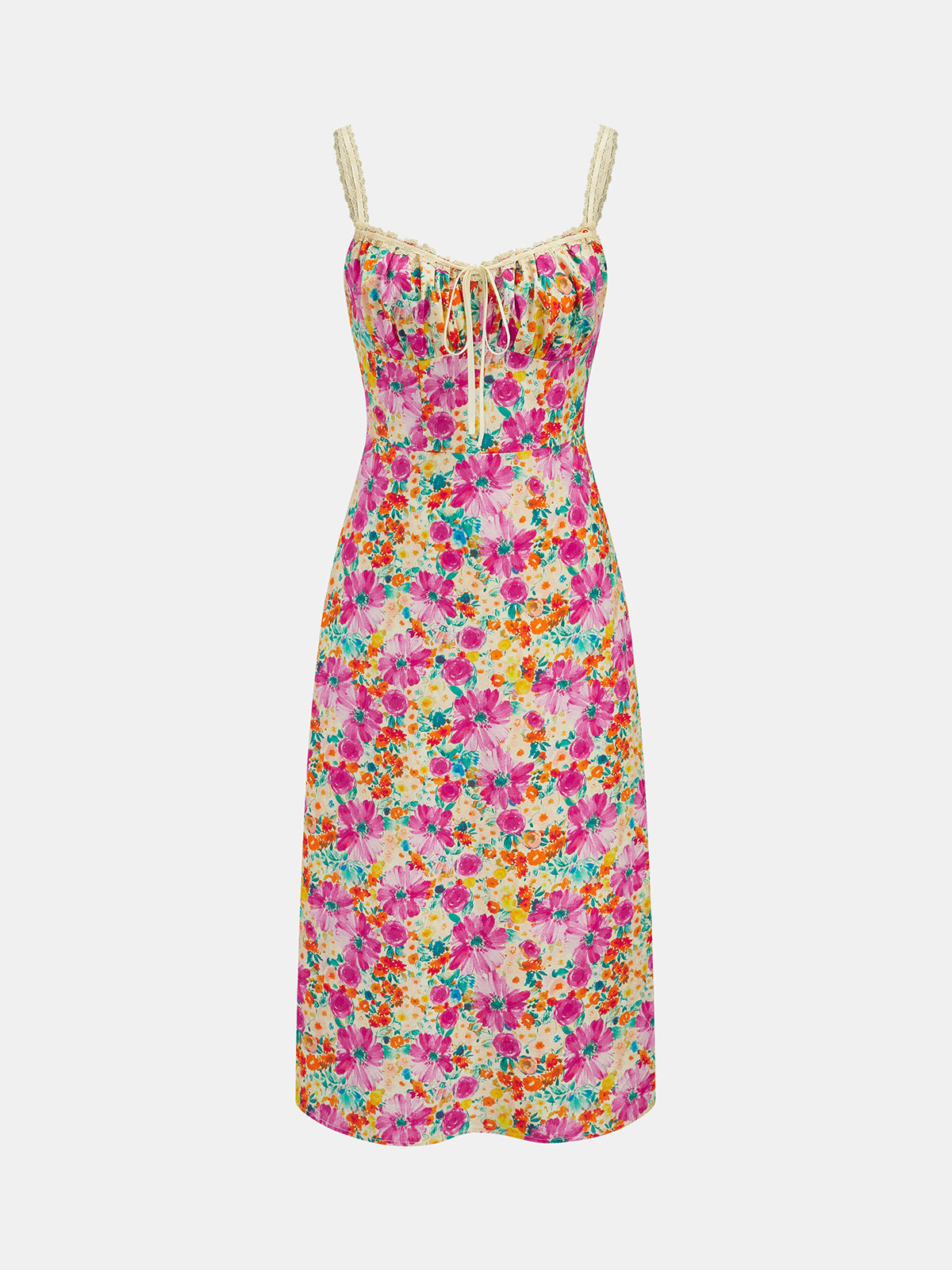 Lace Strap Tie Front Floral Midi Dress