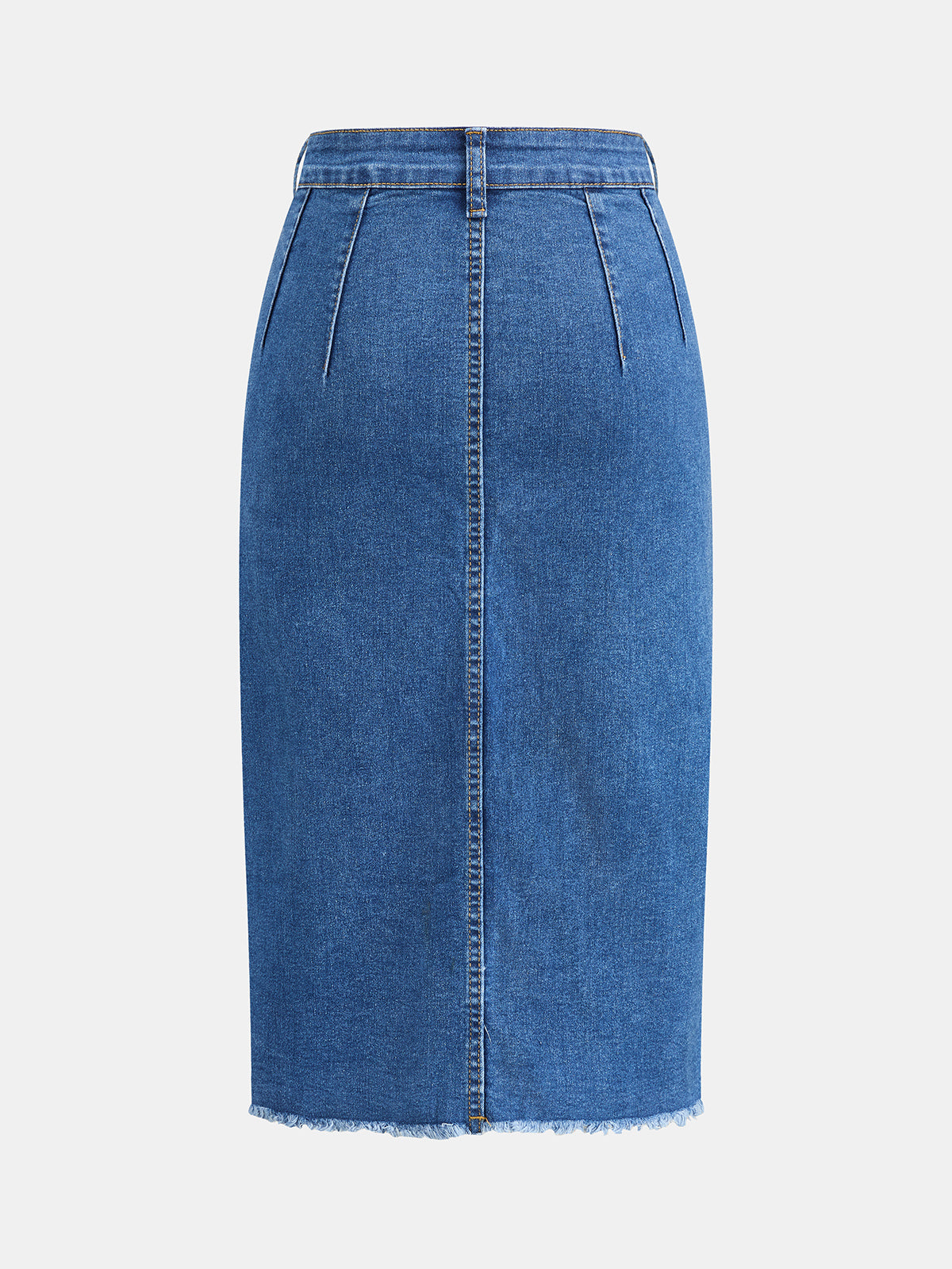 Front Slit Raw Hem Denim Midi Skirt