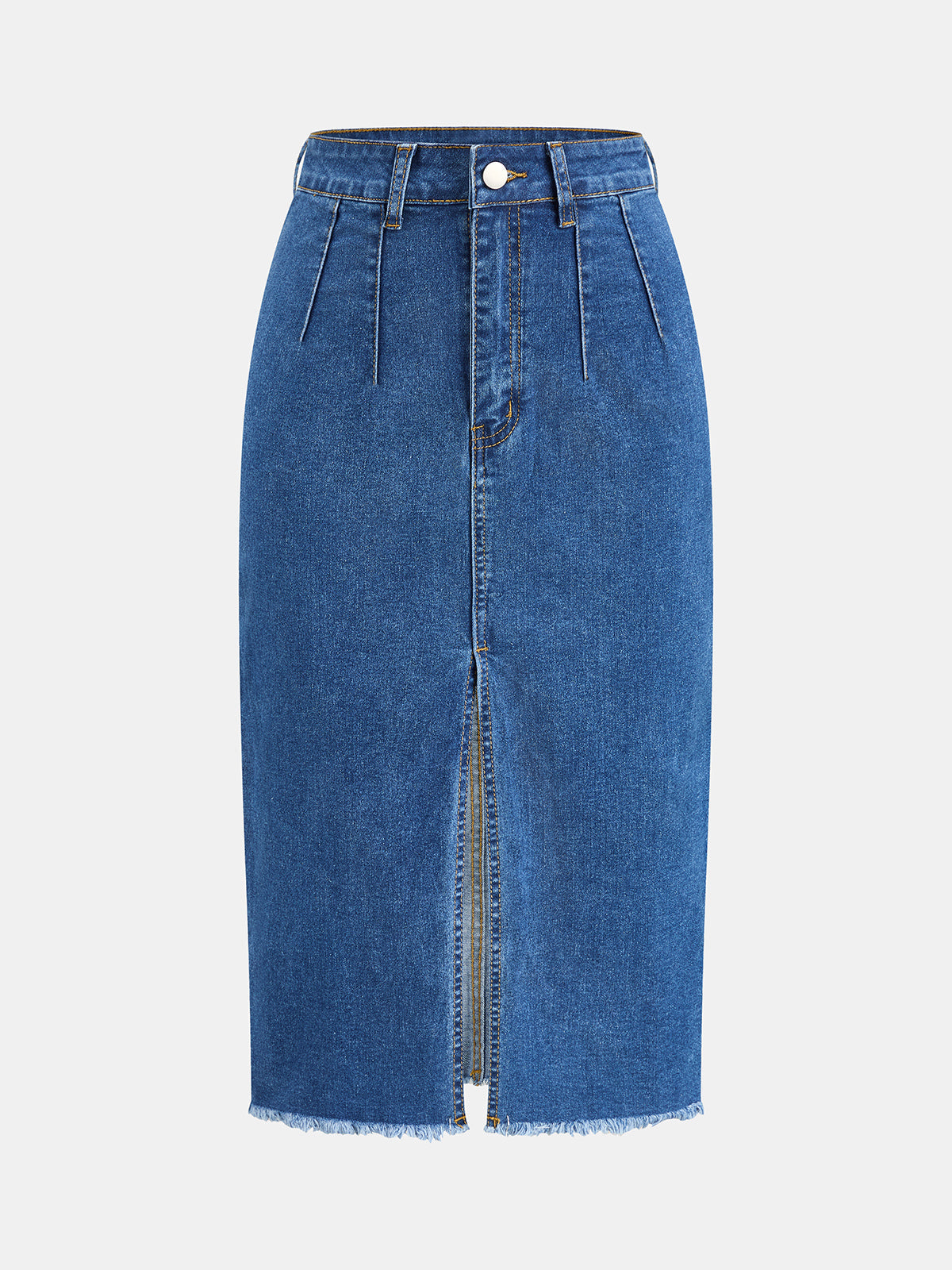 Front Slit Raw Hem Denim Midi Skirt