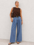 Belted Pleated Wide Leg Denim Pants