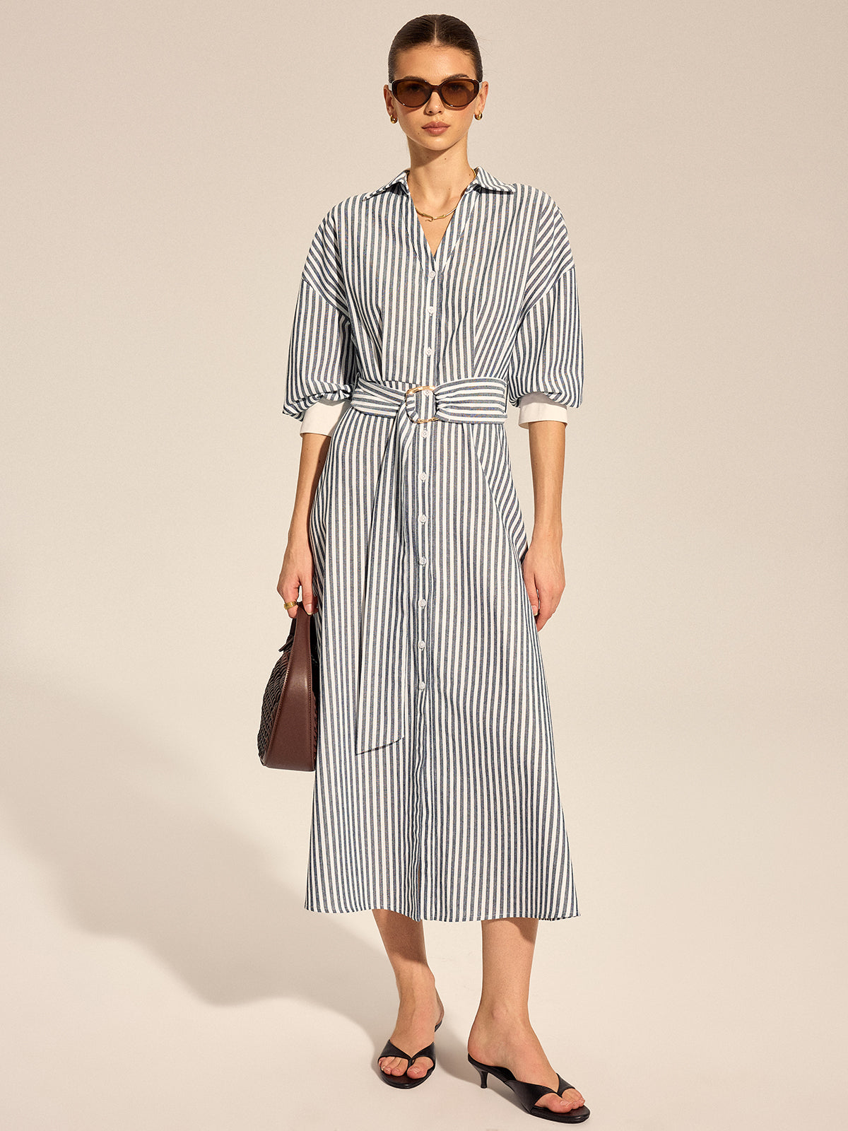 Striped Belted Tie Cuff Shirt Midi Dress