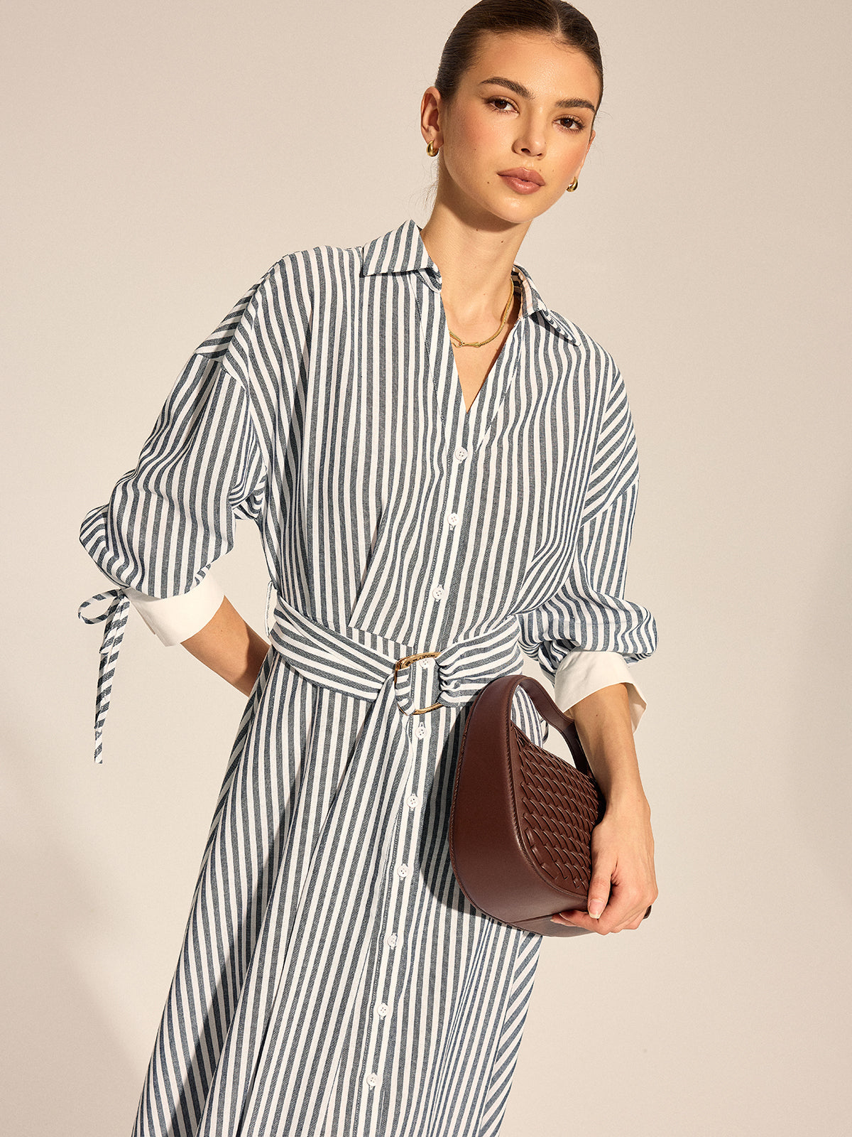 Striped Belted Tie Cuff Shirt Midi Dress
