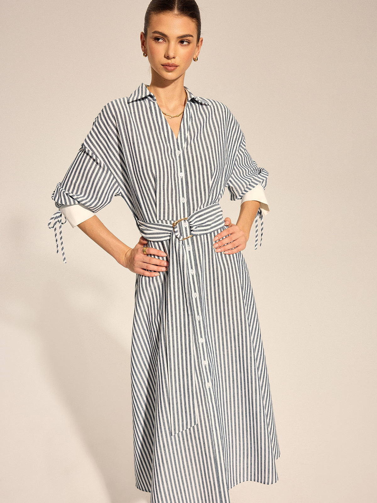Striped Belted Tie Cuff Shirt Midi Dress