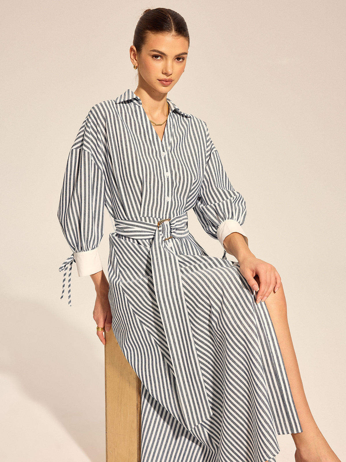 Striped Belted Tie Cuff Shirt Midi Dress