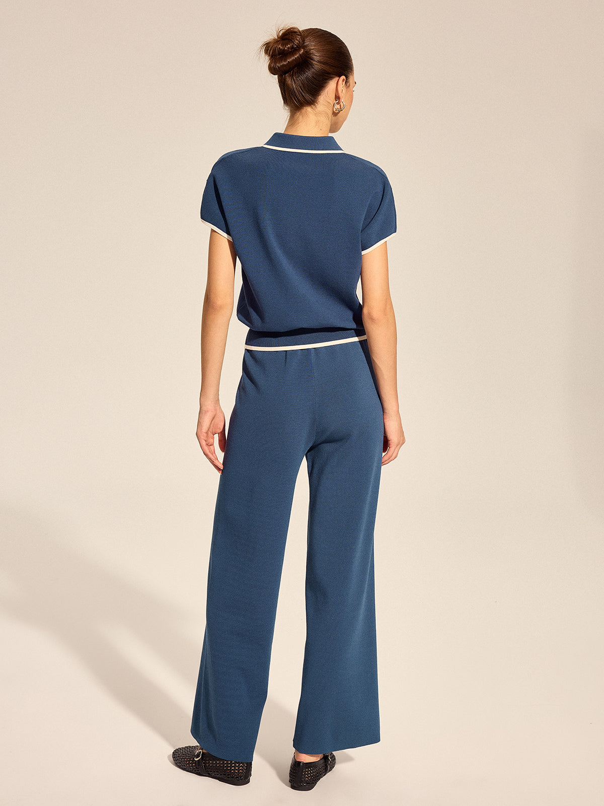 Contrast Trim Polo Knit Top & Pants Set
