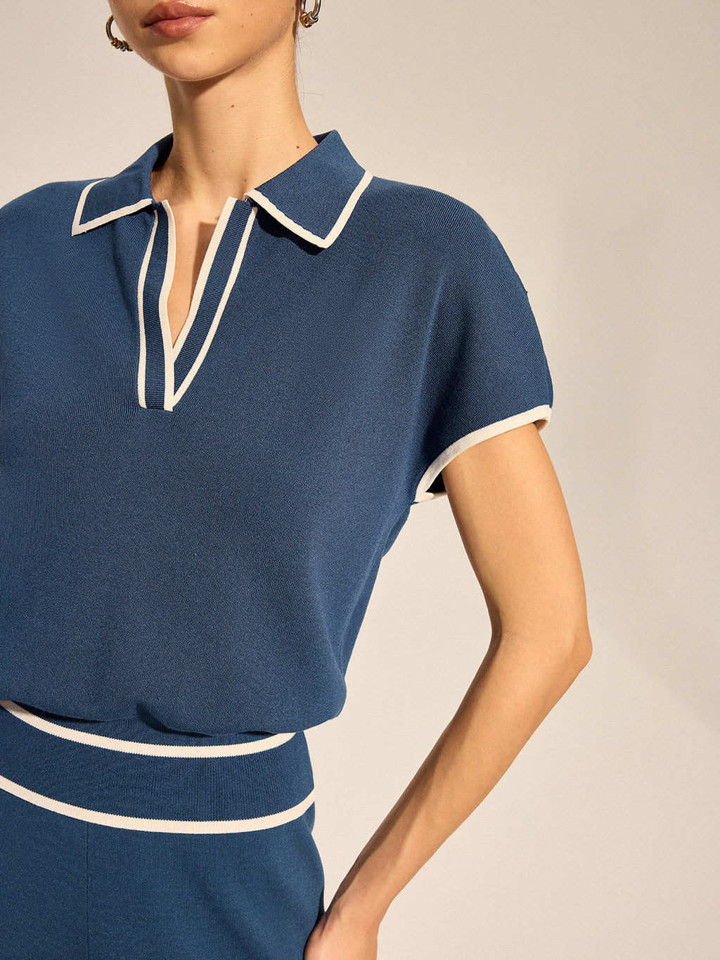 Contrast Trim Polo Knit Top & Pants Set