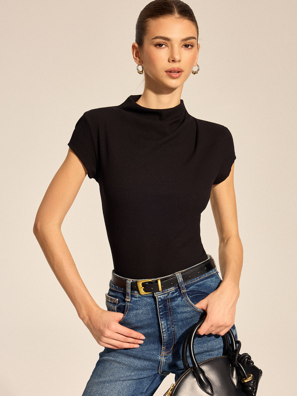 Draped Mock Neck Ribbed Knit Top