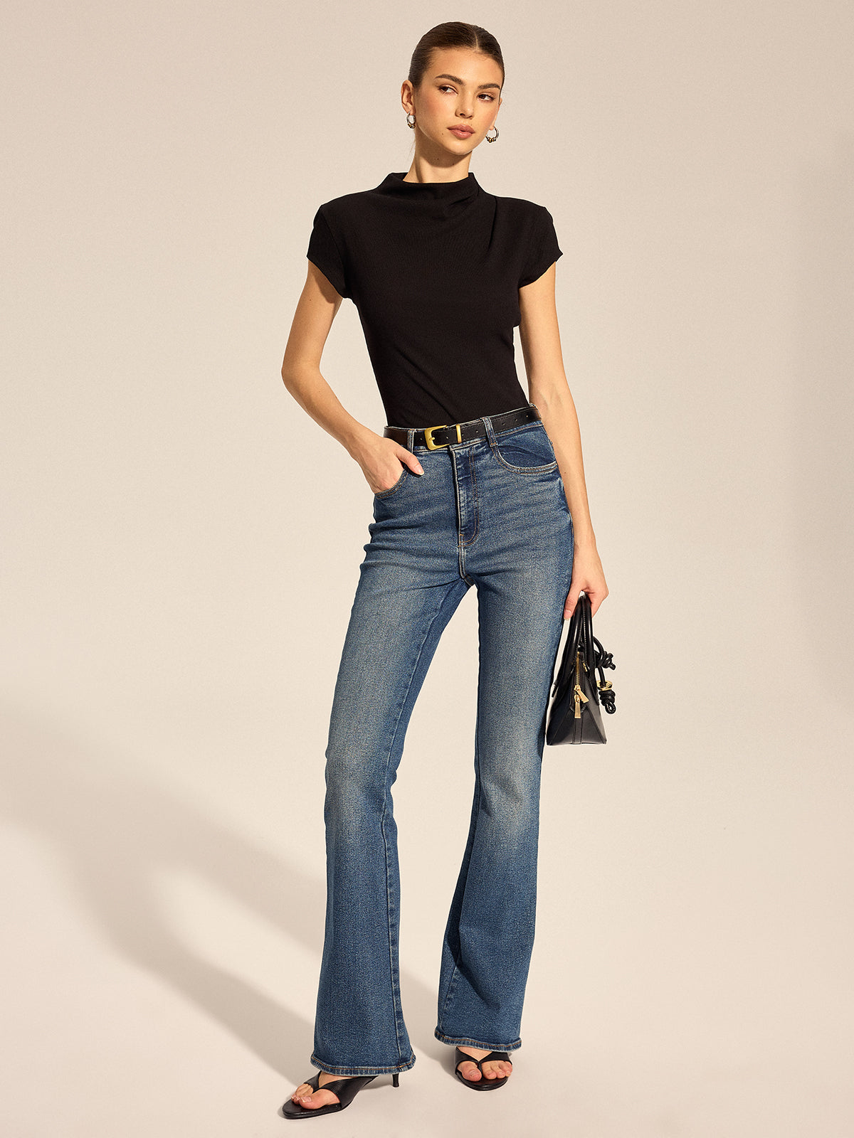 Draped Mock Neck Ribbed Knit Top