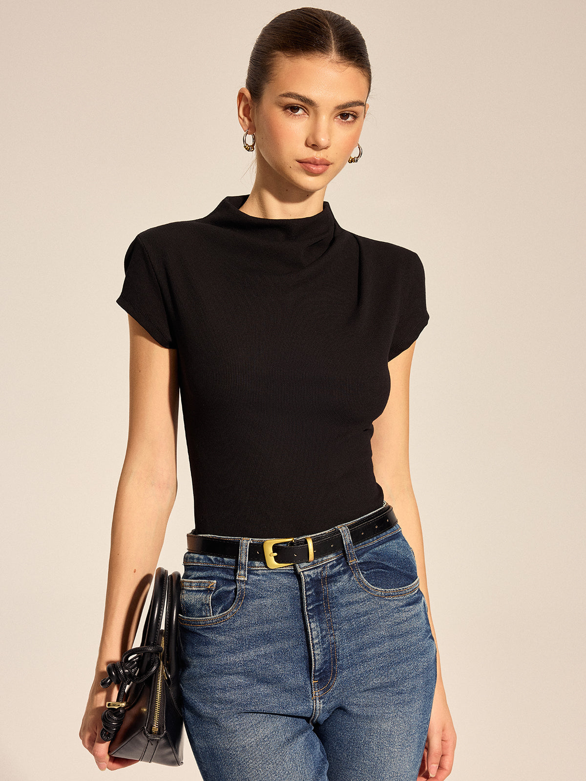 Draped Mock Neck Ribbed Knit Top