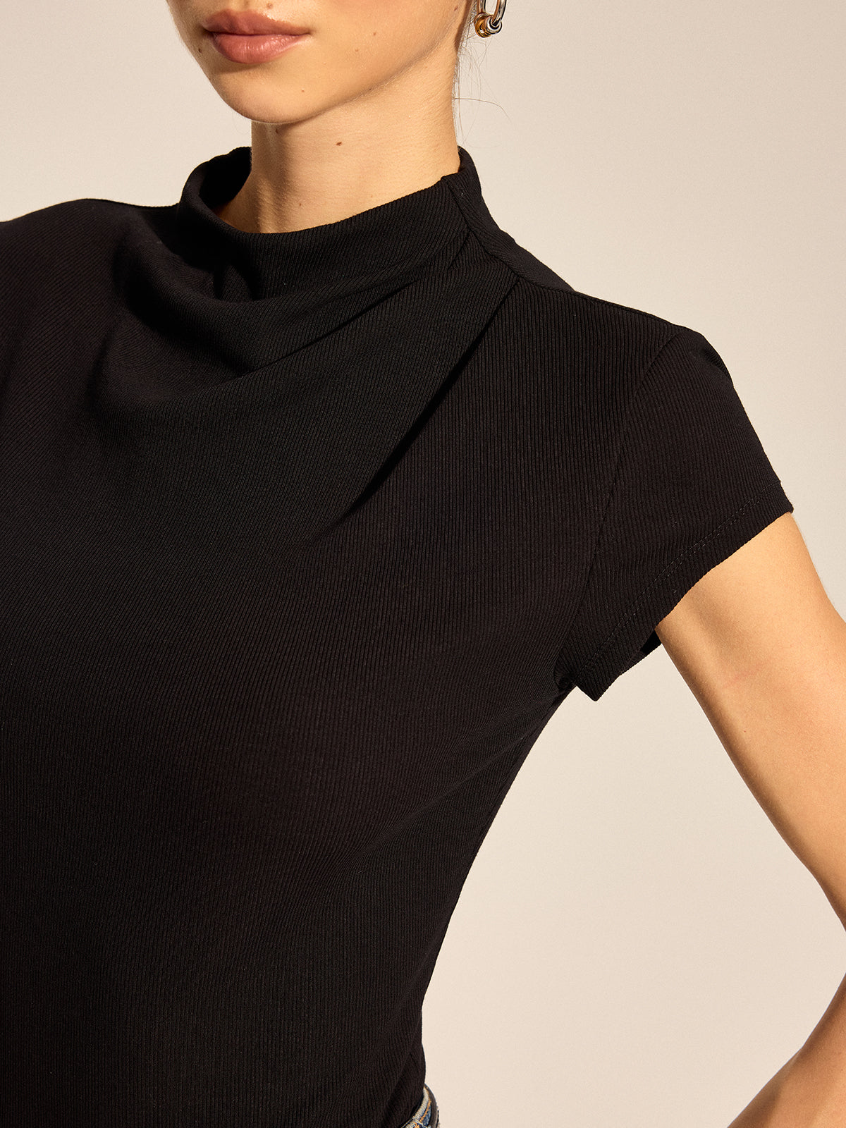 Draped Mock Neck Ribbed Knit Top