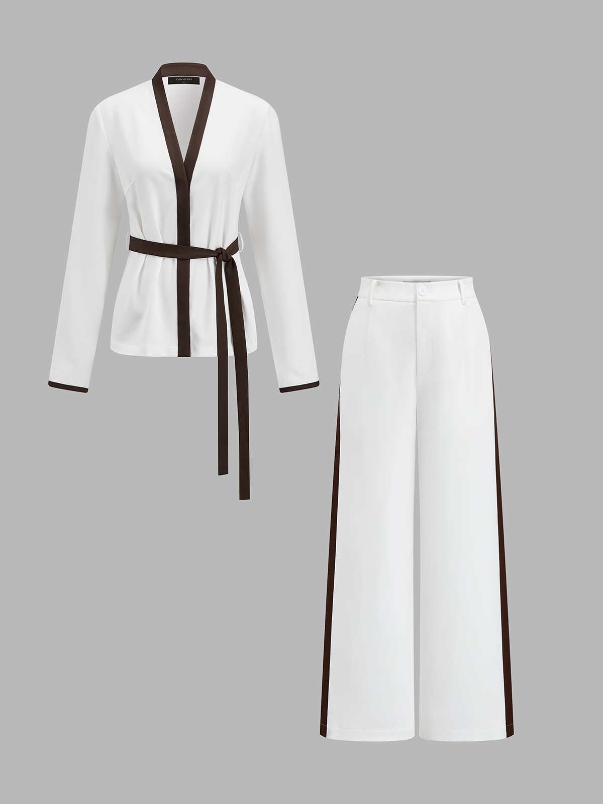 Contrast Trim Belted Two Piece Pants Set