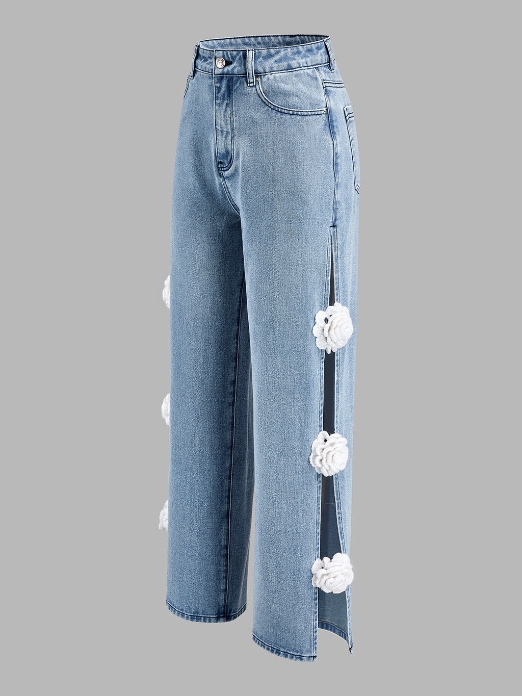 Floral Applique Side Slit Wide Leg Jeans