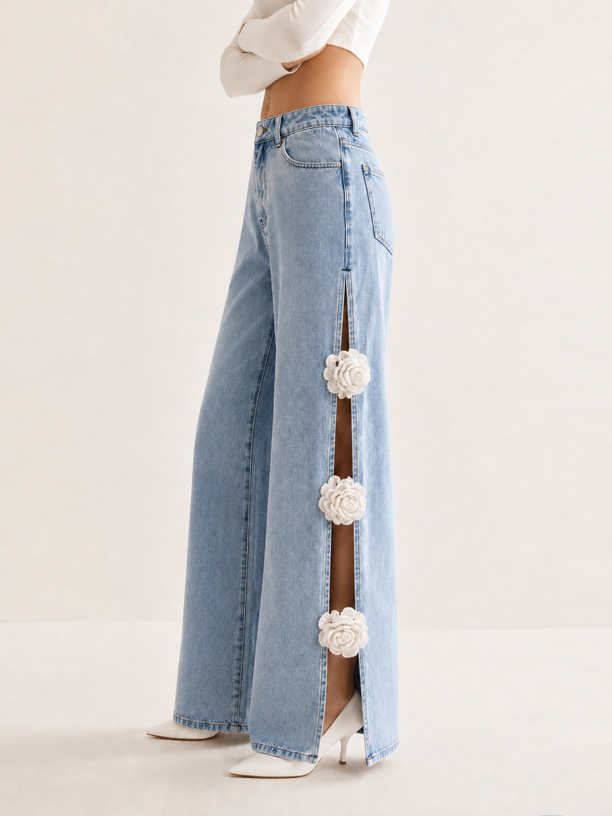 Floral Applique Side Slit Wide Leg Jeans